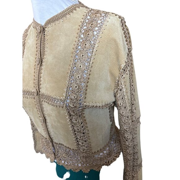Vintage Overland Patchwork Cropped Jacket Women 8 Tan Suede Connected Crochet - Picture 5 of 11